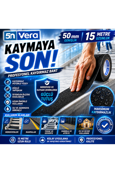 5N VERA 5N VERA Kaydırmaz Bant 50 mm x 15 Metre | Siyah Kendinden Yapışkanlı ...