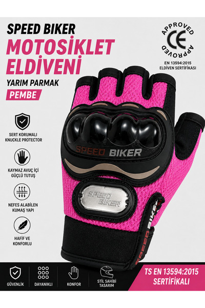 SRSMOTO Yarım Parmak Pembe Kadın Motosiklet Eldiveni-Korumalı Yazlık Pembe Ka...