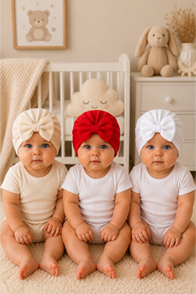 Pico Baby طقم قبعات أطفال بفيونكة مكون من 3 قطع - كريمي/أحمر/أبيض