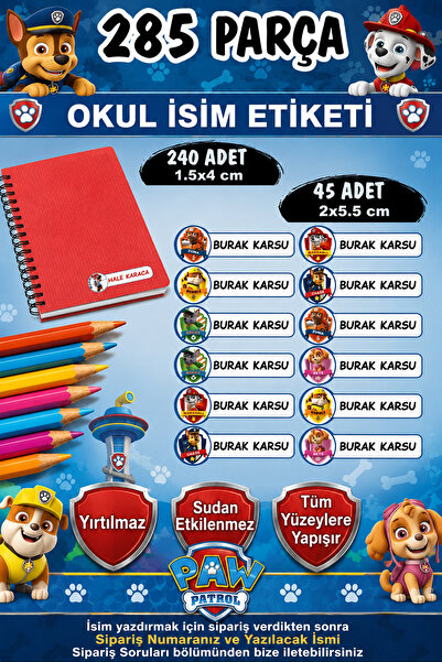Kt Grup Okul Etiketi Kalem Defter Etiketi Özel Isimli Etiket Paw Petrol 6 Fig...