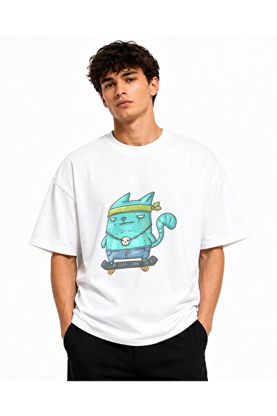 Inscriptie Ουνισέξ Βαμβακερό T-shirt Υψηλής Ποιότητας  "Γάτα με Σκέιτμπορντ "