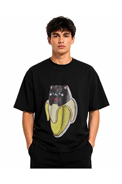 Inscriptie Tricou Unisex Bumbac Premium Casual " Pisica neagra in banana "