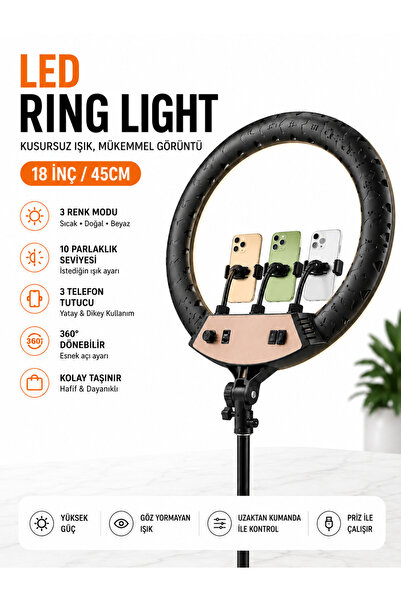 Moxti 18'İNÇ 45CM Kumandalı Işık LED 210 cm Tripod Youtuber Video Selfie Stüd...