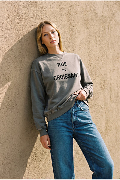 Amia&Co. 100% Cotton Khaki Crew Neck Printed Oversized Women's Sweatshirt