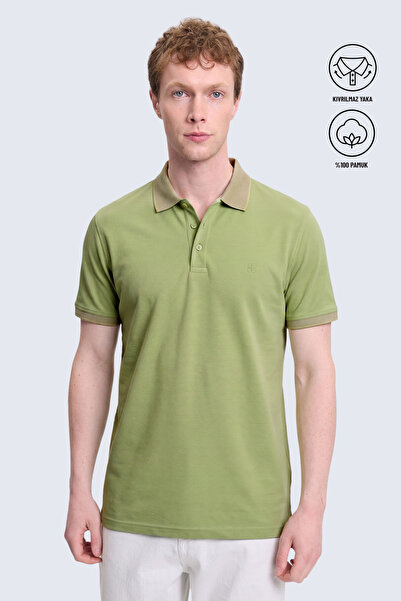 Hatemoğlu Tricou verde cu croială normală, guler polo, 100% bumbac, care nu s...