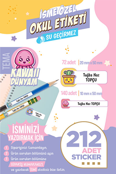 colortouch 212 ADET Kawaii Dünyam Temalı Okul Etiketi Sticker Kalem Etiket De...