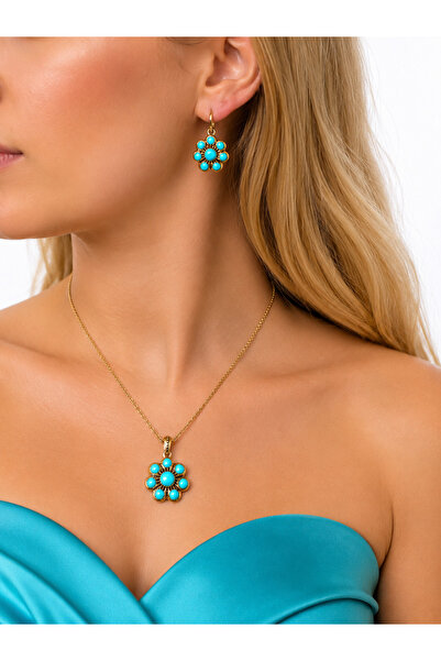 FUYA JEWELLERY Turkuaz Taşlı Çiçek Motif Kolye, Küpe Set
