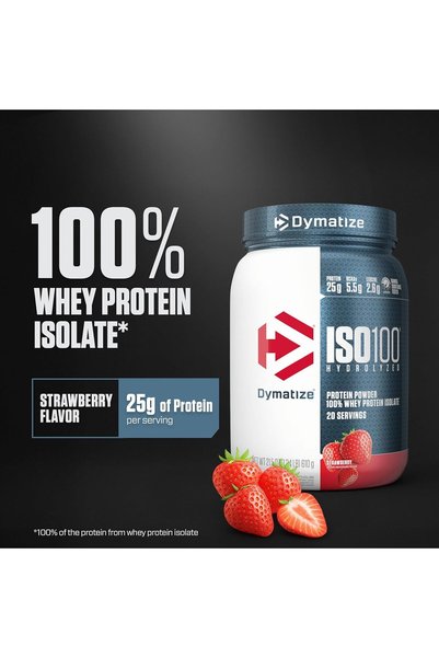 Dymatize مسحوق بروتين مُحلل ISO 100، بنكهة الفراولة (1.34 رطل، 610 جم) 100% عزل مصل اللبن