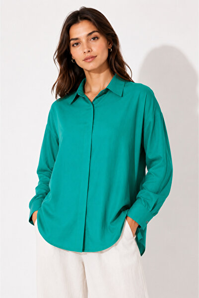 EDITION WOMAN Green Modal Soft Textured Oversized Women's Shirt with Hidden P...