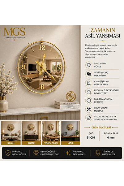 Mgs SAAT-DUVAR SAATİ LAWİ GOLD TÜRK BRONZ AYNALI DUVAR SAATİ ( gerçek ayna )