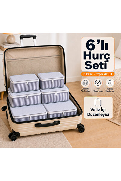 EVELLA HOME 6 Adet Çizgili Valiz İçi Düzenleyici Seti Bavul Organizer Seyahat...