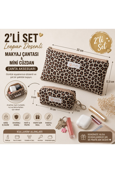 SevAte Handmade 2'li Set Leopar Desenli Makyaj Çantası & Mini Cüzdan | Organi...