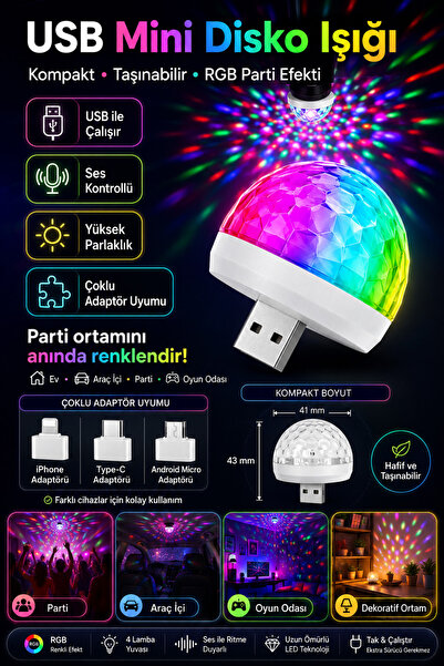 Neo Vista RGB USB Mini Disko Topu - Ses Sensörlü Renkli LED Parti Lambası