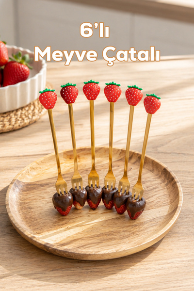 Porsima 1761 Paslanmaz Çelik Çilek Tasarımlı 6lı Gold Renk Meyve Çatalı Seti ...