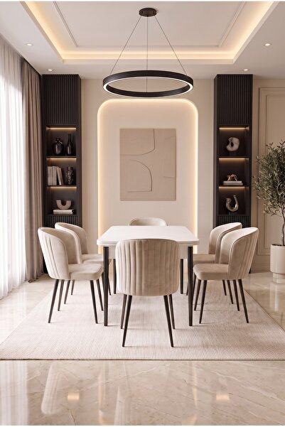 Concept Ayz Home Midye Serisi 6 Kişilik Beyaz 80x130 MDF Krem Kumaş Yemek ve ...