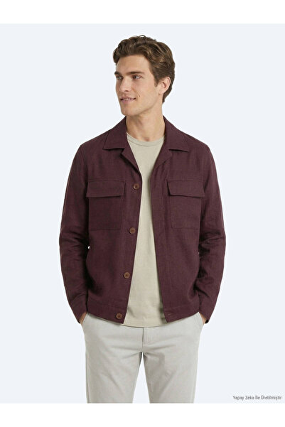Kip Burgundy Plain Oversize Fit Long Woven Cotton Blend Overshirt