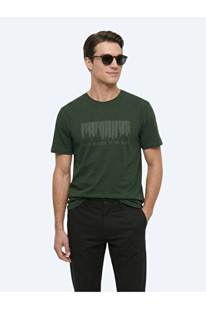 Kip Khaki Printed Crew Neck 100% Cotton T-Shirt
