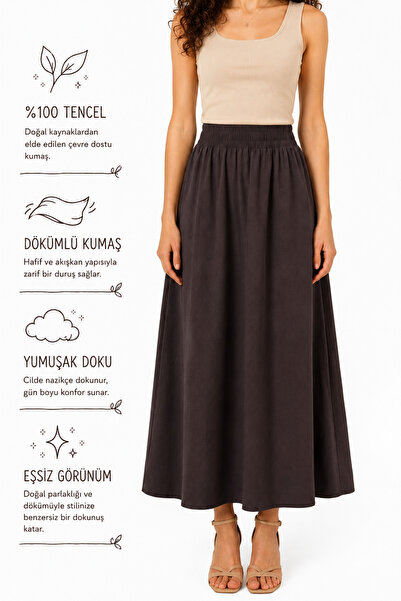 Warasiva Women's Brown 100% Tencel Fabric Skirt with Elastic Waist and Pocket...