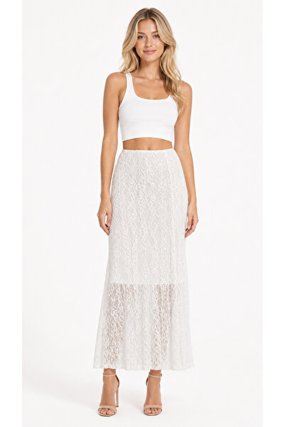 Kallisto White Elastic Waist Lined Lace Maxi Skirt