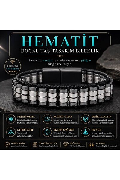YILDIZ DOĞAL TAŞ Sertifikalı Hematit Doğal Taş Tasarım Erkek Bileklik