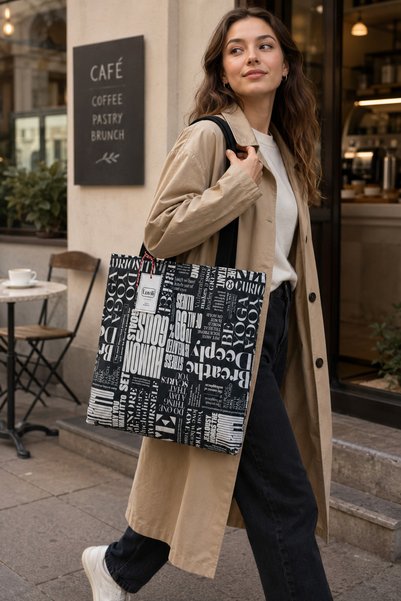 Luvili Large Size Canvas Tote Shoulder Bag 40X45 Cm, Lined, Internal Pocket, Snap Closure |   Newspaper Patterned