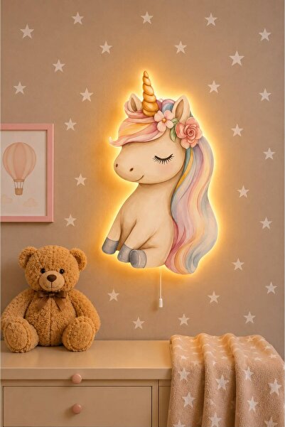 BugyBagy Ahşap Unicorn Duvar Lambası Pilli LED Gece Lambası Bebek Çocuk Odası...