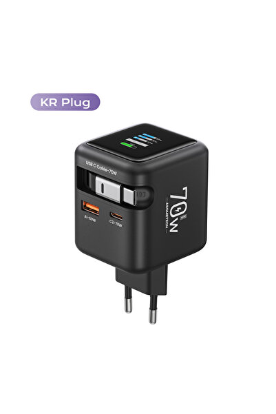Choice شاحن KR Plug السريع GaN بقوة 70 وات مع كابل قابل للسحب من النوع C 3 في...