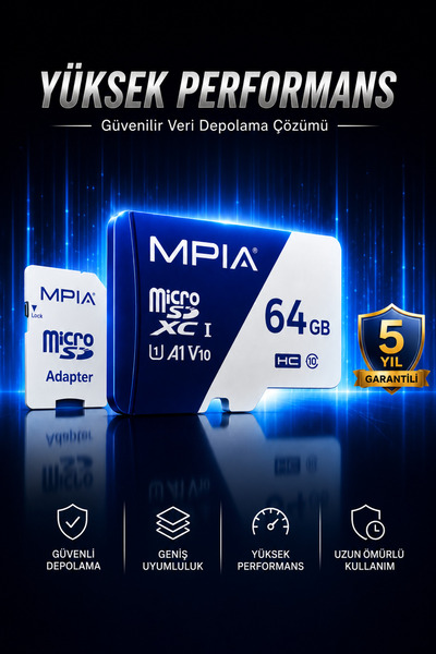 MPIA 64GB High Speed Micro SDXC Hafıza Kartı U1 A1 V10 SD Adaptör Dahil 5 Yıl...