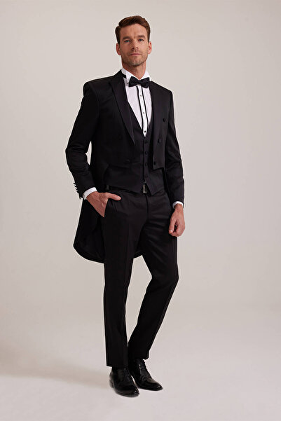 Ysf Erkek Siyah Slim Fit Frag Kırlangıç Yaka Damatlık