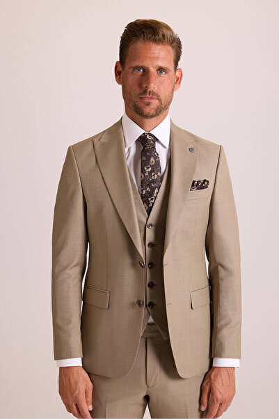 Ysf Erkek Bej Slim Fit Sivri Yaka Yelekli Takım Elbise