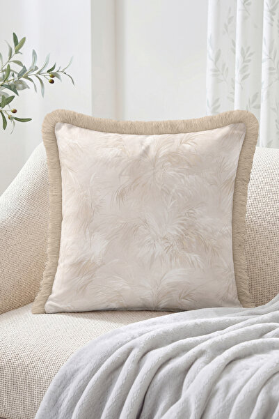 Realhomes Beige Leaf Motif Cream Floor Fringed Throw Pillow Cover - Modern De...