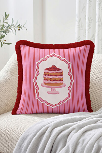 Realhomes Strawberry Cake Figured Striped Frame Patterned Fringed Throw Pillo...