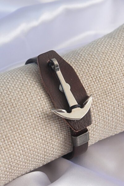 Skygo Brown Leather Model Silver Color Anchor Figure Men's Bracelet - TJ-EB3573