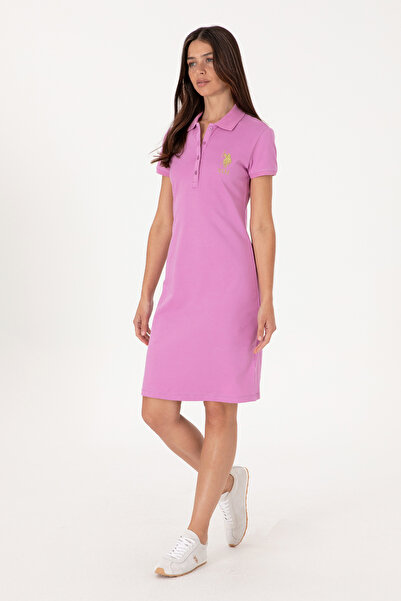 U.S. Polo Assn. Rochie tricotată mini cu guler polo fucsia pentru femei 50297...