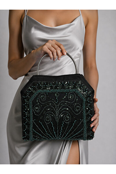 GUSTELLO Black Stone and Sequin Bead Embellished Evening Dress Handbag Sparkl...