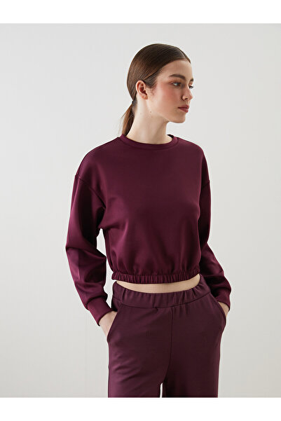 LC Waikiki Alita City Lcw Eco Bordo Oval Collar Crop Women's Sweatshirt with ...