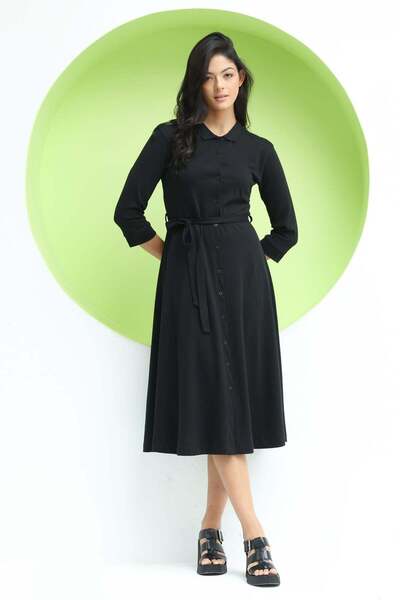 Polo State Women's Polo Neck Buttoned Waist Belted Long Dress Black