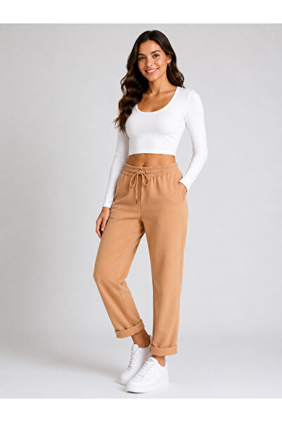 nurneva Pantaloni model Neva pentru femei, culoare camel, cu talie elastică, ...
