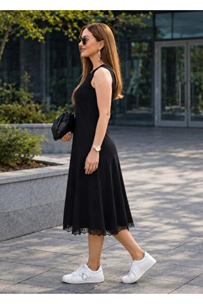 Veraura Lifestyle Women's Strappy Round Neck Midi Dress with Ruffled Hem
