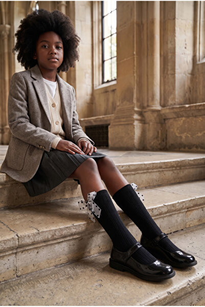 BONY SOCKS Kız Çocuk  Puantiye Fiyonk Dizaltı Çorap Siyah