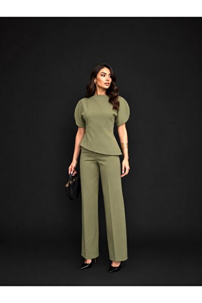 BNGL Boutique Bele oturan bluz & pallazo pantolon takım adaçayı rengi
