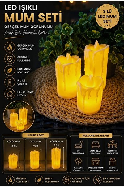 NİSİBİS HOME 3 Lu Krem Erimiş Görünümlü Led Mum Pilli