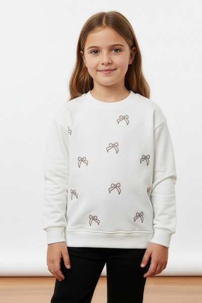 Fulla Moda Bowknot Embroidered Stoned Girls' Sweatshirt