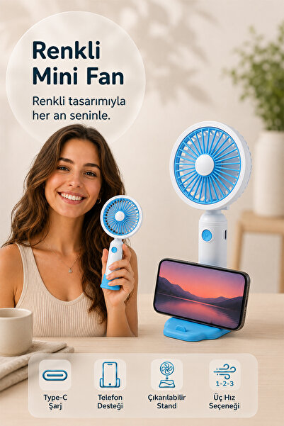indirimsevinci 3 Kademeli Şarjlı Mini El Fanı Sessiz Taşınabilir Serinletici Fan