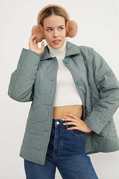 Fulla Moda Water Wave Patterned Quilted Oversized Buttoned Coat