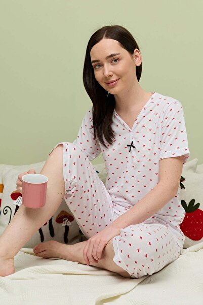 Fulla Moda Heart Patterned Short Sleeve Plus Size Capri Pajama Set