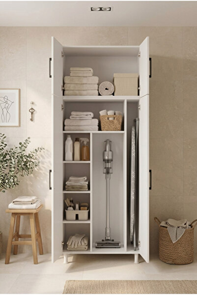MONTENERO Banyo Dolabı 4 Kapaklı Süpürge Mop Ütü Masası Nişli Raflı Çok Amaçl...