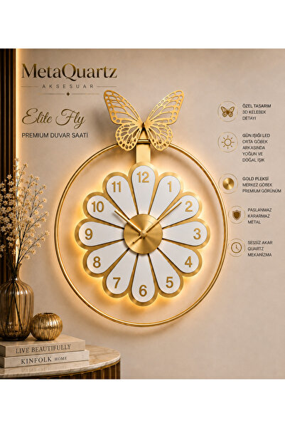MetaQuartz Aksesuar Elite Fly Gold Premium (Pilli Ledli) Metal Duvar Saati