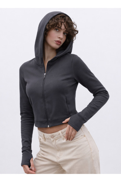 HAKKE Zippered Hooded Cardigan with Finger Holes