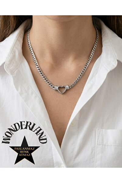 stainless steell Heart in the Chain Women's Silver Necklace 40+5 cm Extension...
